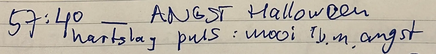 Handwritten note: Observation on heart rate and pulse in relation to fear at Halloween
