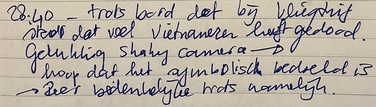 Handwritten note: Reflection on a sign at an airport about killed Vietnamese people and the shaky camera